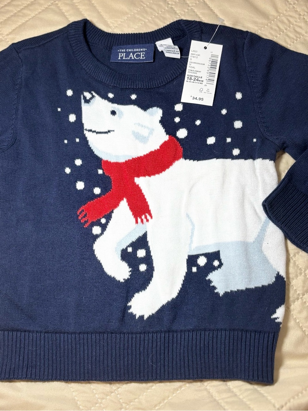 The Children's Place 18-24M Navy Sweater with White Polar Bear and Red Scarf